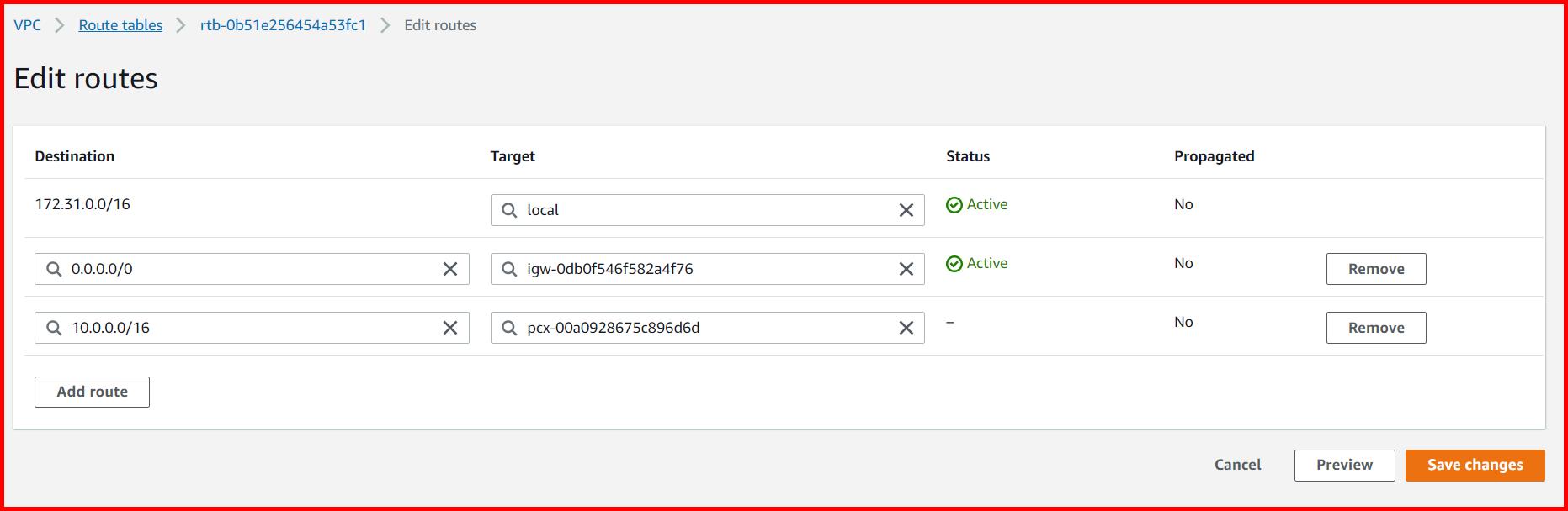 Picture showing adding an entry of VPC in route table